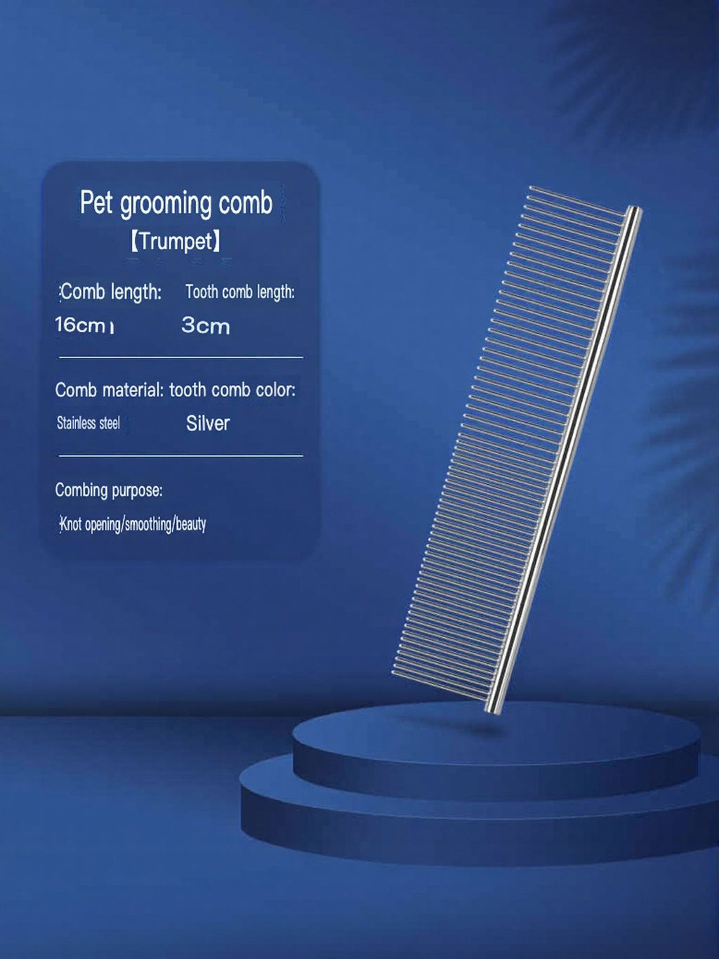 Stainless steel pet grooming comb for hair removal, with fine and wide teeth, designed for effective pet hair grooming and detangling.