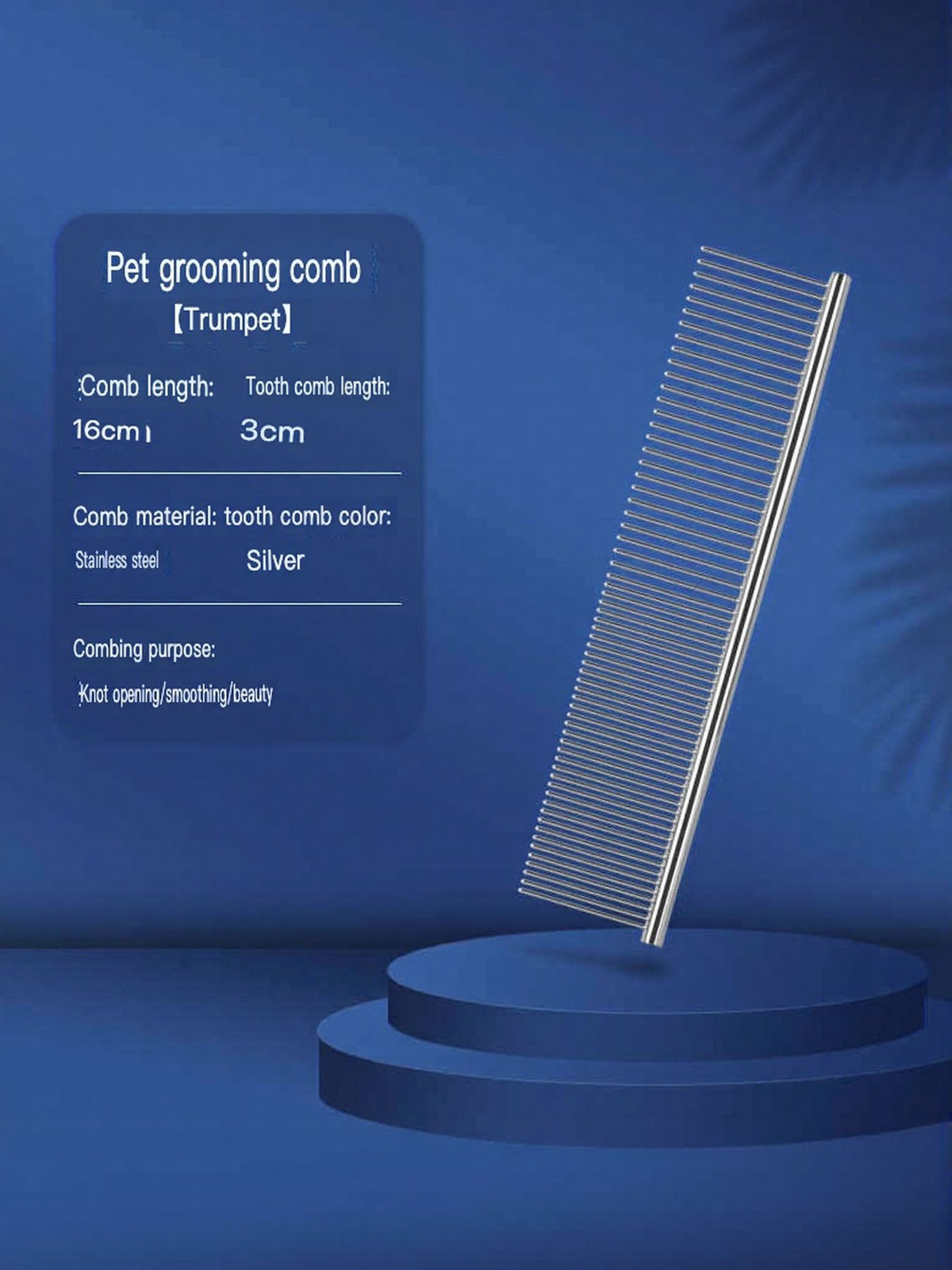Stainless steel pet grooming comb for hair removal, with fine and wide teeth, designed for effective pet hair grooming and detangling.