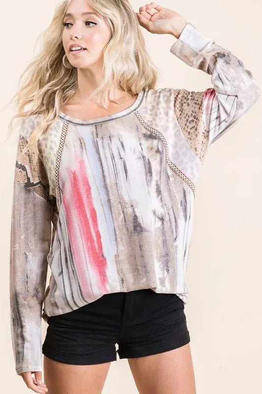 Colorful BiBi tie-dye knit top with print block shoulder, trendy and comfortable women's fashion from Trendsi.