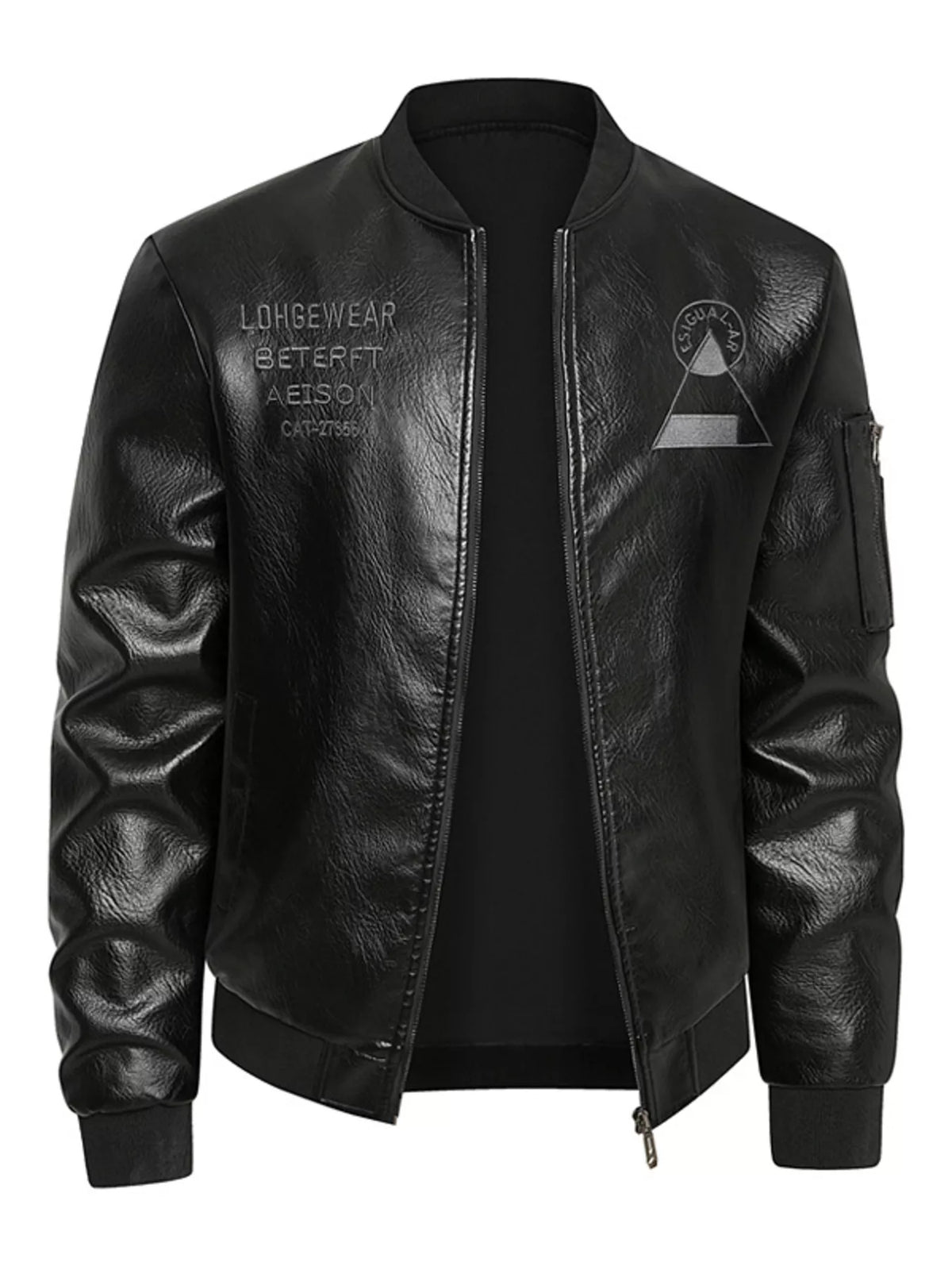 Men's plus size zip-up faux leather bomber jacket, view 3