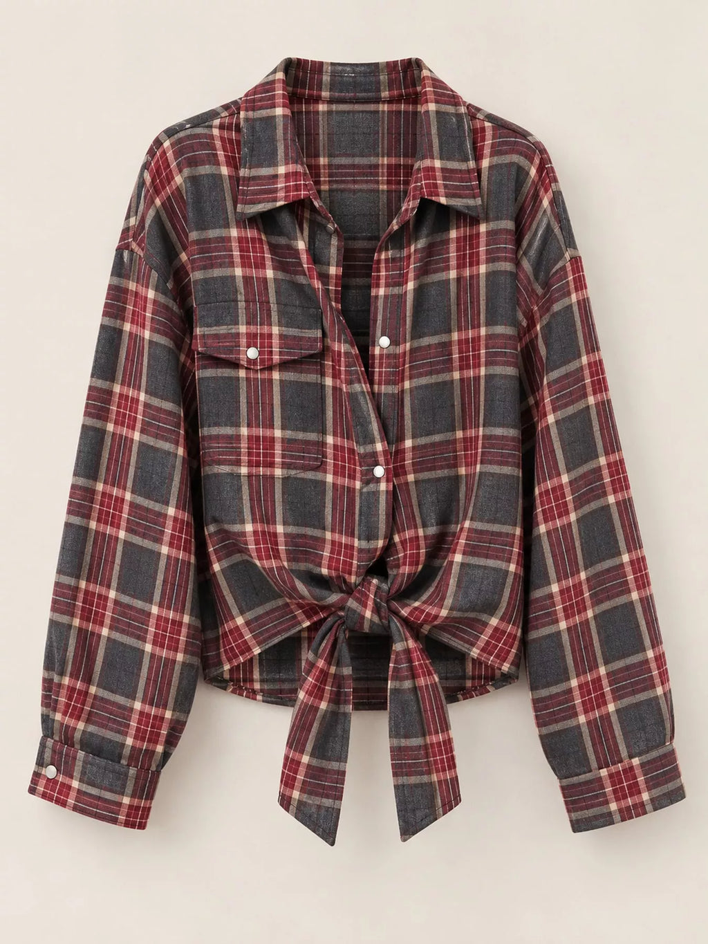 Trendsi plaid button-up shirt with a classic checkered pattern, featuring a collar and long sleeves, casual and stylish for everyday wear.
