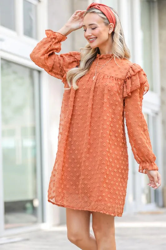 Woven dress with ruffle shoulders from Trendsi featuring textured fabric and a stylish, feminine design.