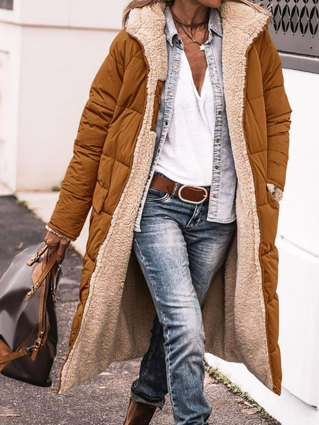 Plus size longline sherpa-lined hooded zip-up coat, view 13