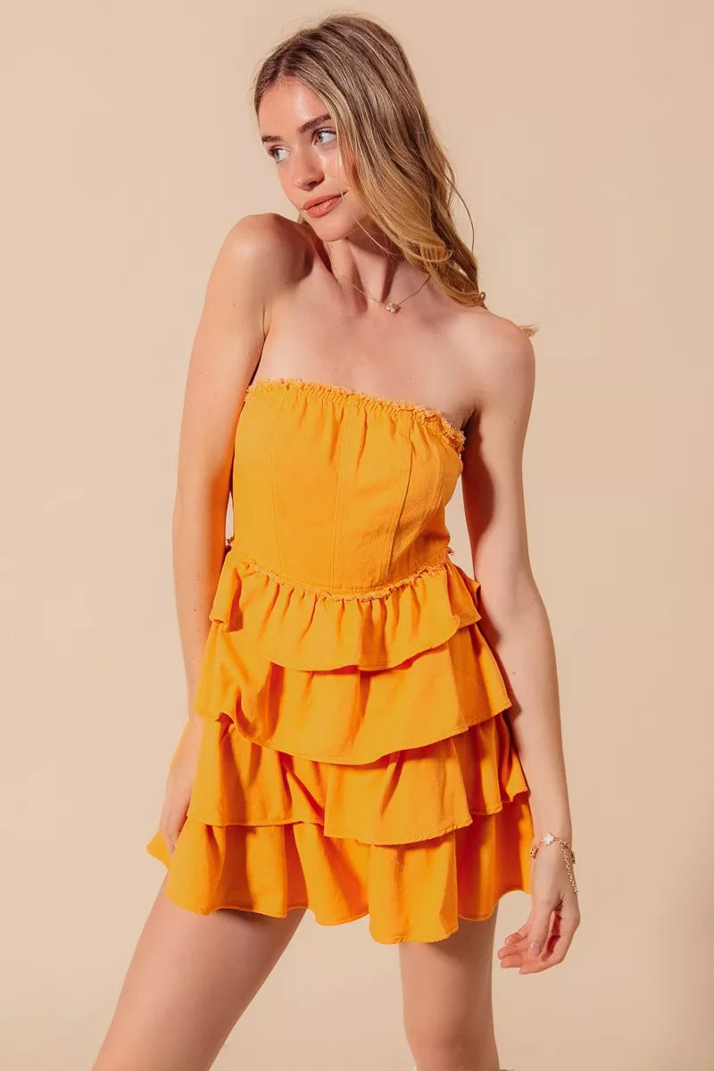 Trendsi SO ME strapless ruffle layered cheer up dress with a flared skirt, perfect for game day or festive occasions.