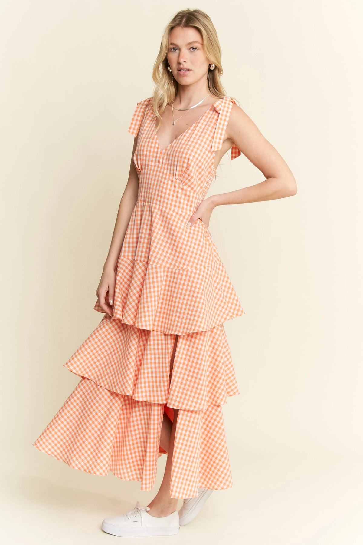 Jade by Jane sleeveless gingham print tiered midi dress with a fitted bodice and flowing skirt, stylish and perfect for warm weather.