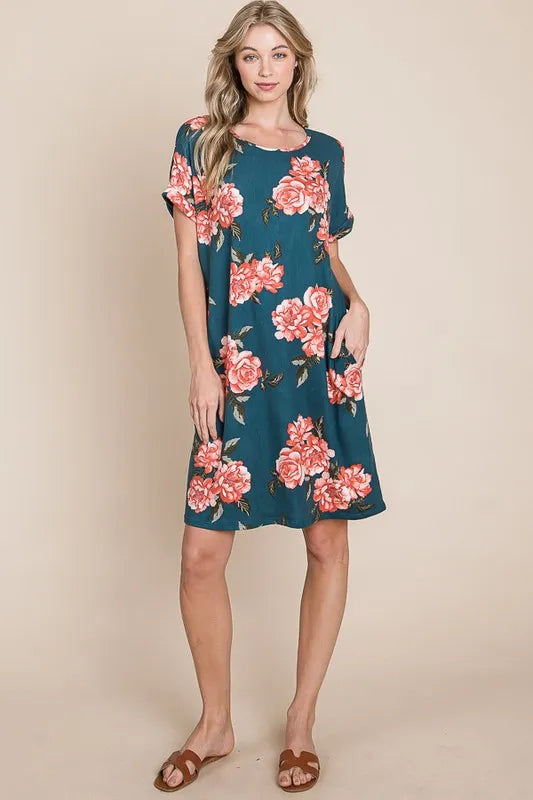 Trendsi BOMBOM floral round neck short tee dress with pockets, lightweight fabric, colorful floral pattern, casual summer style