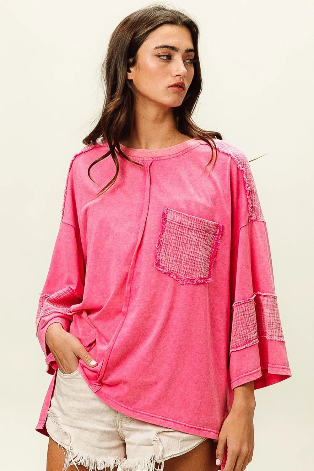 Washed BiBi high-low T-shirt from Trendsi, soft fabric, casual fit, front and back view showing its relaxed style.