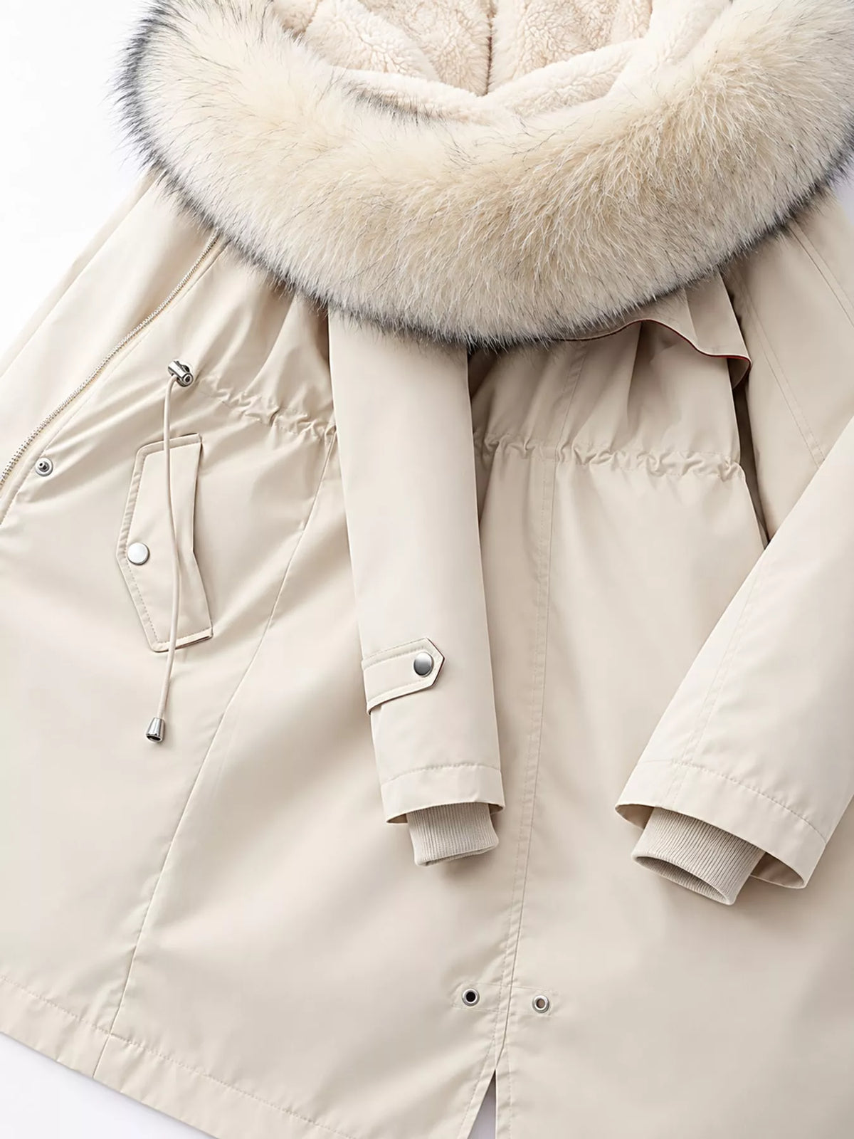Longline hooded parka with faux fur trim and drawstring waist, view 30
