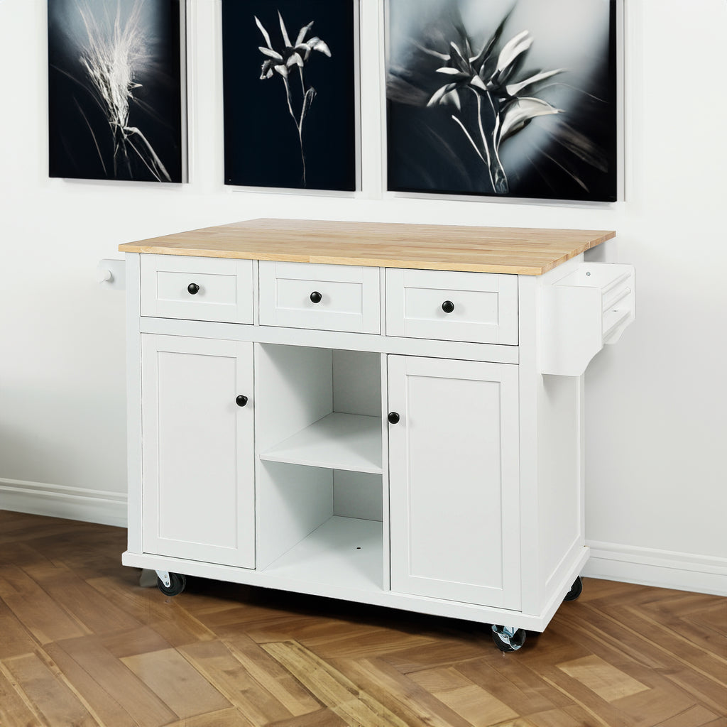 White Rolling Kitchen Island with Drop-Leaf Top & Storage