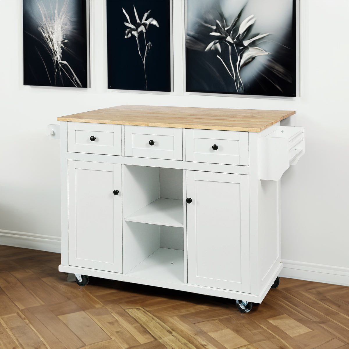 White Rolling Kitchen Island with Drop-Leaf Top & Storage