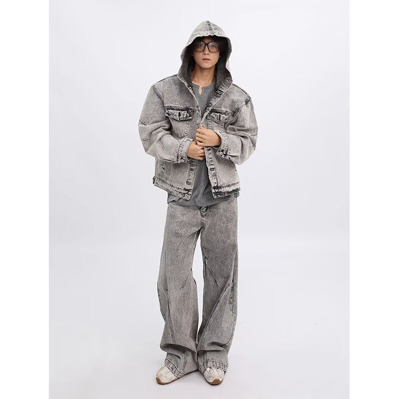 Retro washed distressed deconstruction niche hooded denim jacket top for teenagers