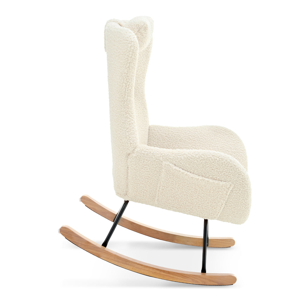 Beige Upholstered Rocking Chair with Adjustable Headrest & Side Pocket