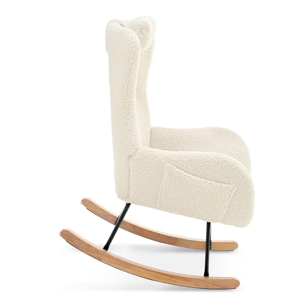 Beige Upholstered Rocking Chair with Adjustable Headrest & Side Pocket