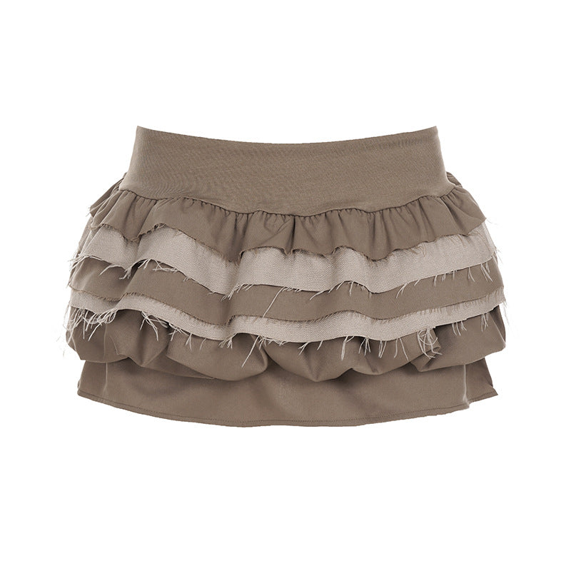 Khaki Layered Bubble-Hem Mini Skirt