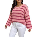 Ladies' Striped Top, Plus Size Women's Clothing, Button Decoration,Sweater
