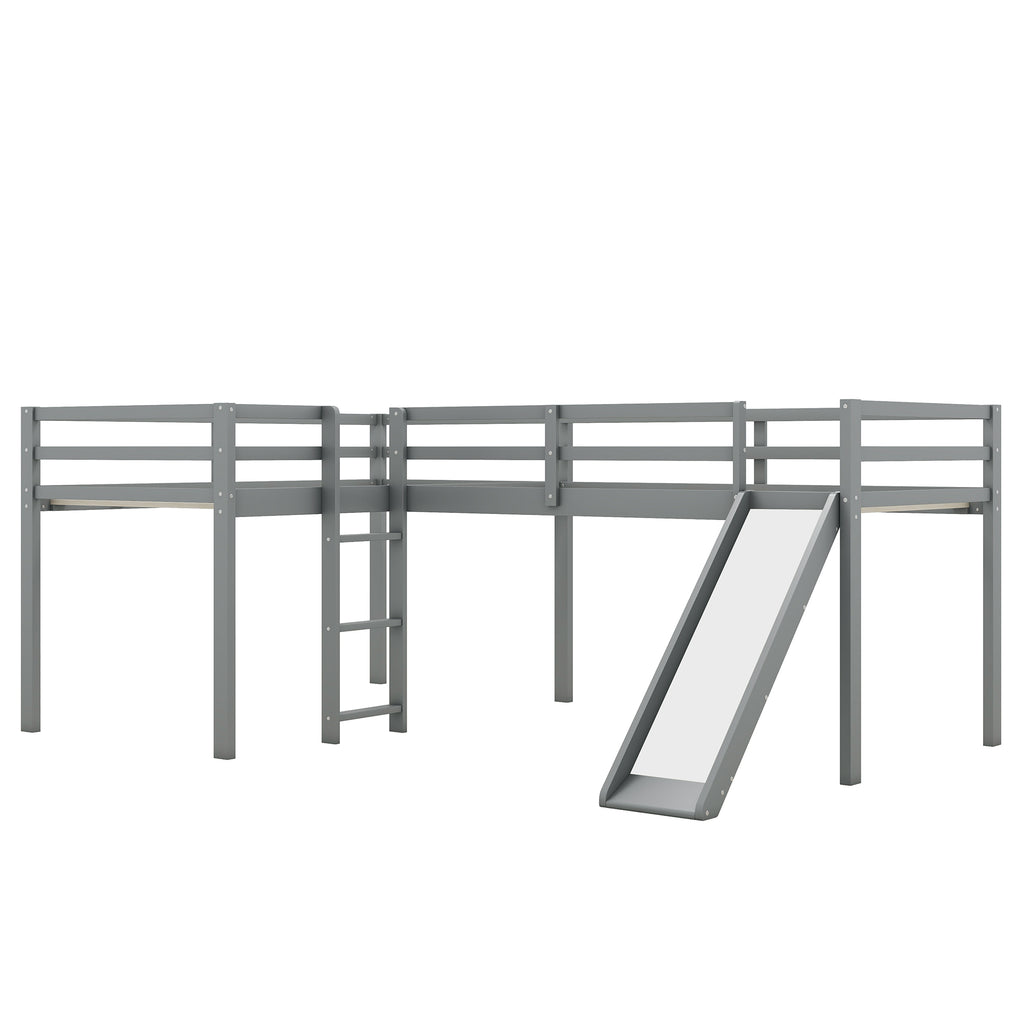 L-Shaped Twin Loft Bed with Ladder & Slide – Gray