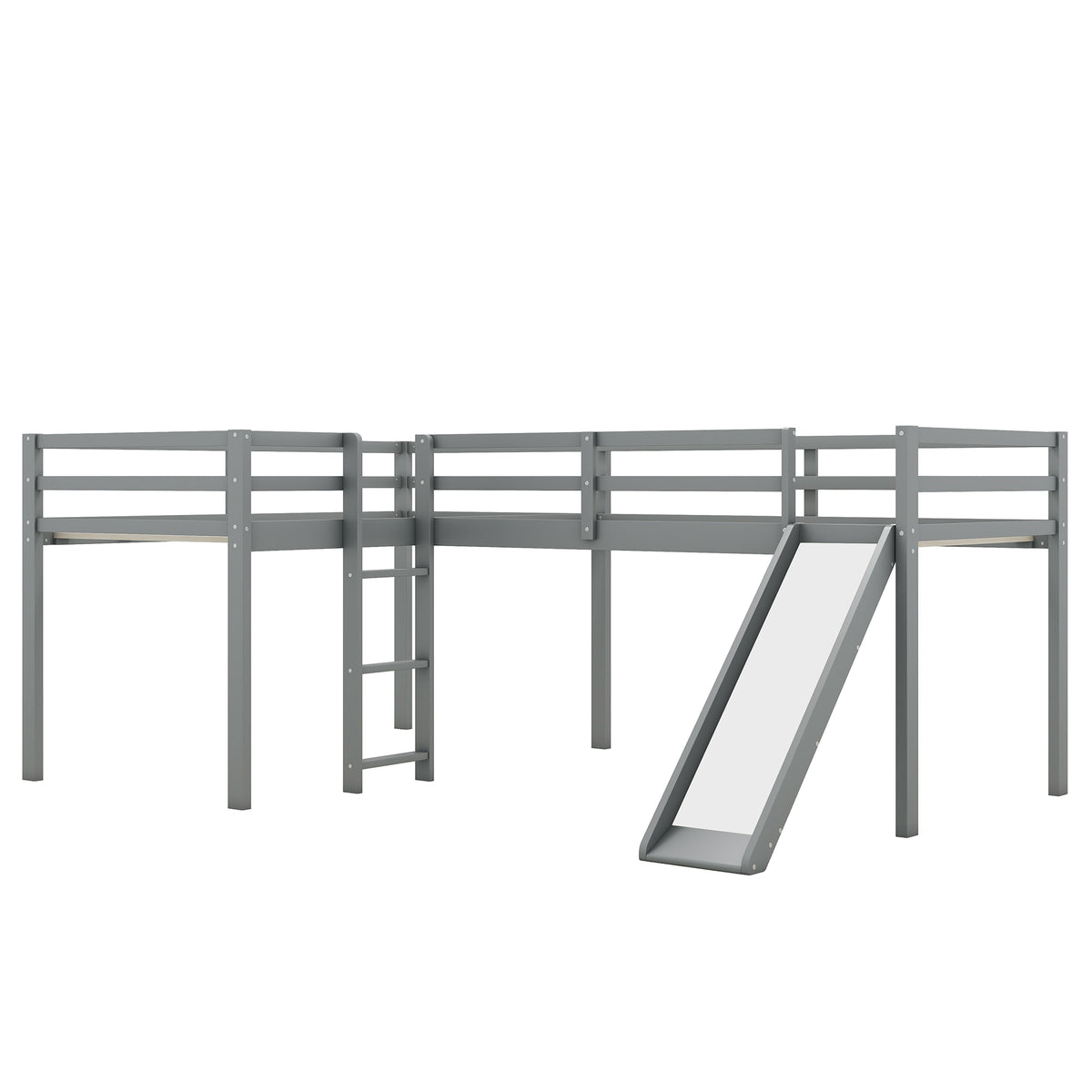 L-Shaped Twin Loft Bed with Ladder & Slide – Gray