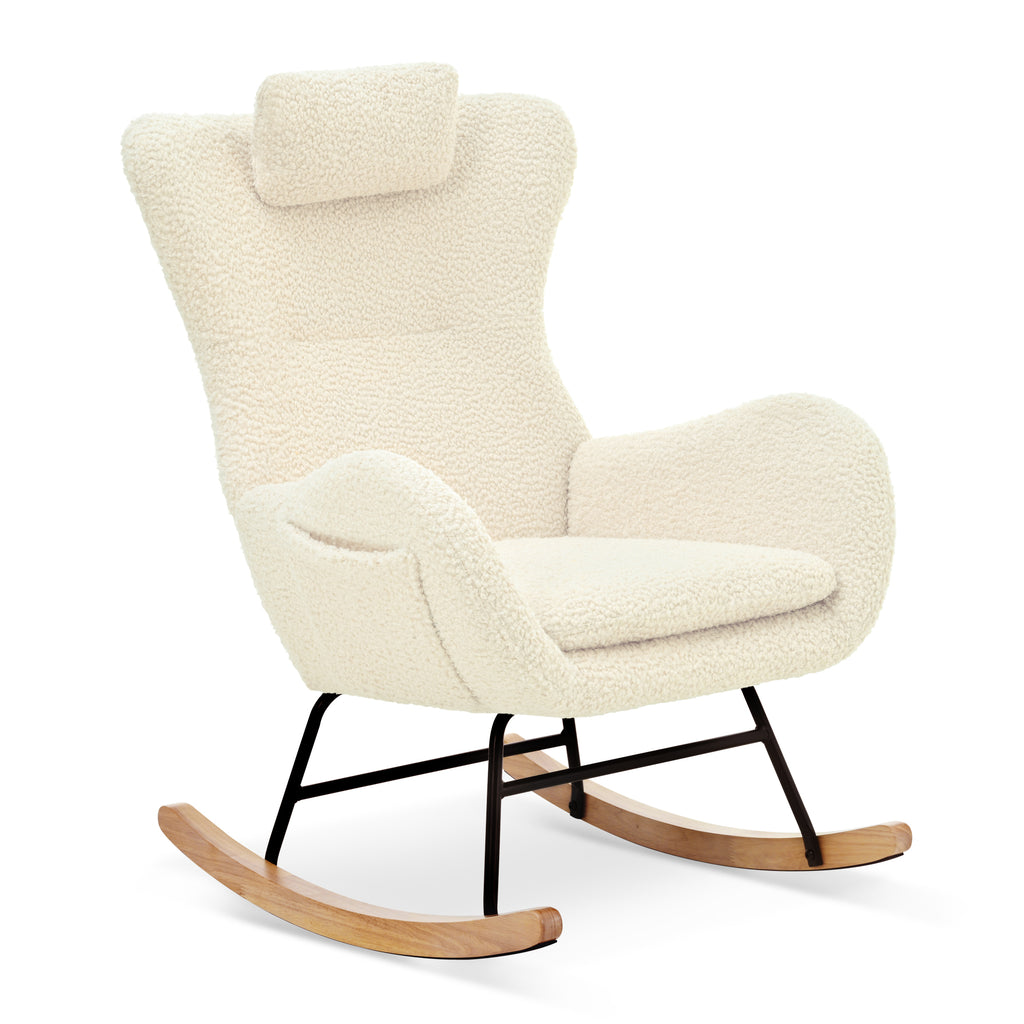 Beige Upholstered Rocking Chair with Adjustable Headrest & Side Pocket