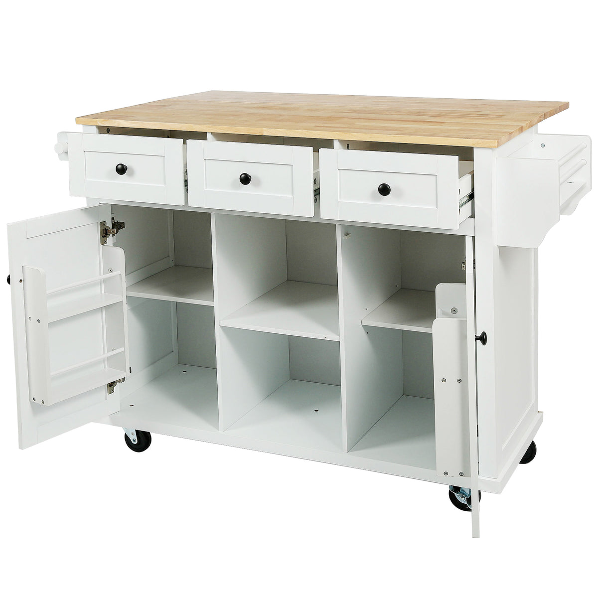 White Rolling Kitchen Island with Drop-Leaf Top & Storage