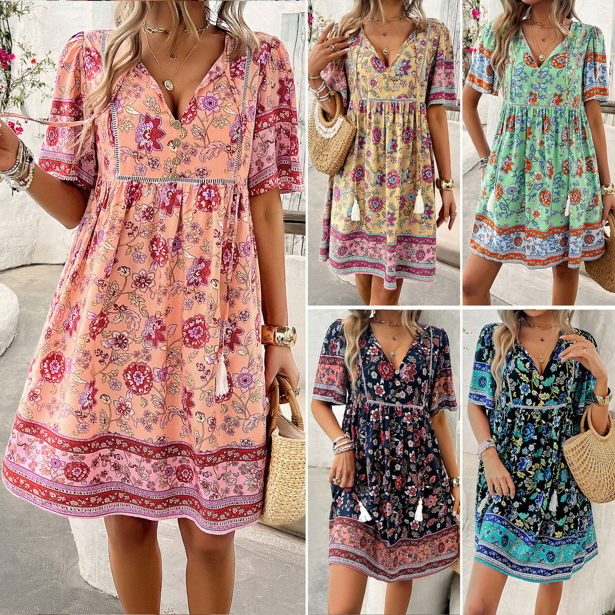 Holiday style printed short sleeved dress