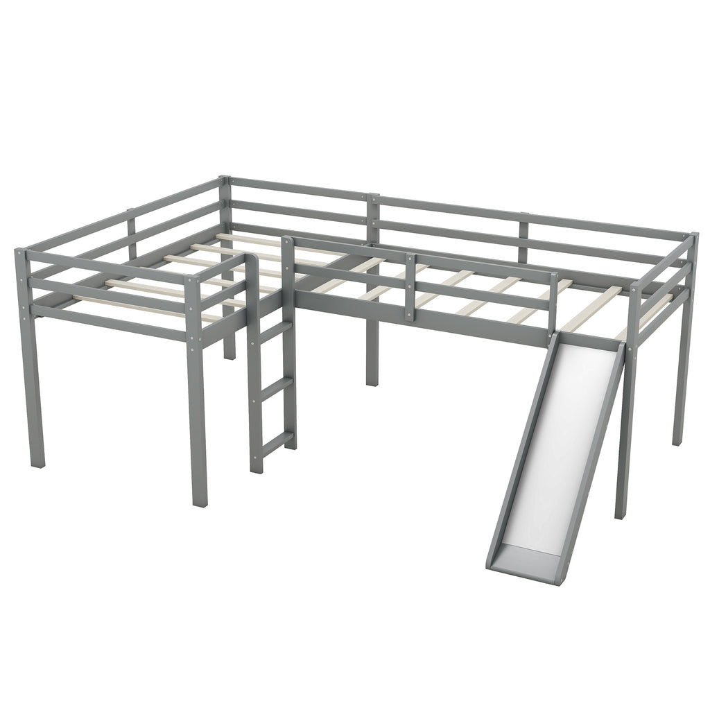 L-Shaped Twin Loft Bed with Ladder & Slide – Gray