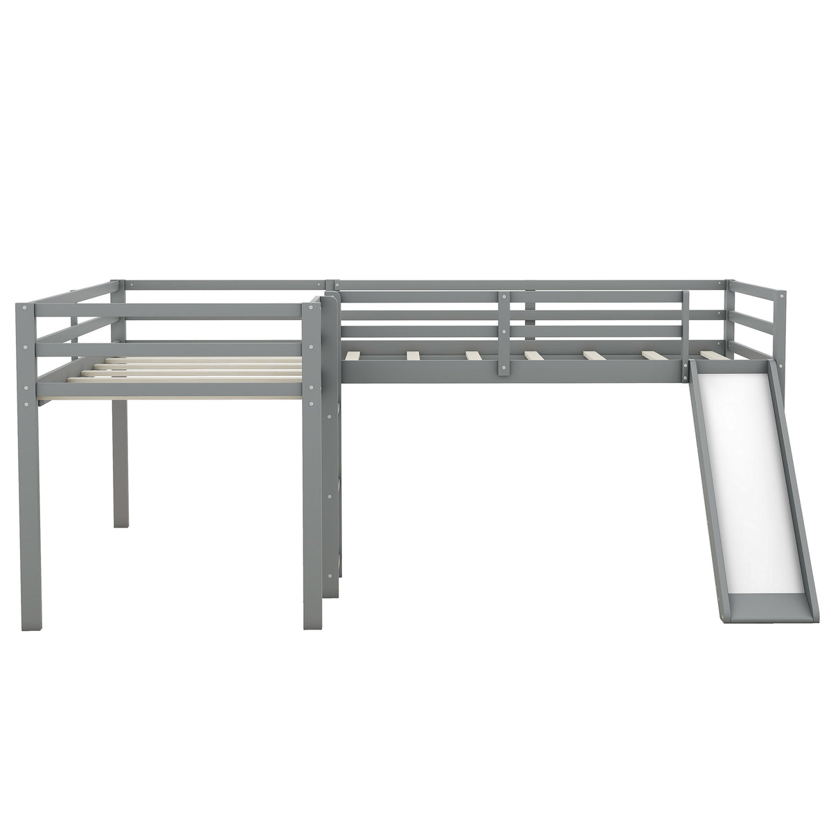 L-Shaped Twin Loft Bed with Ladder & Slide – Gray