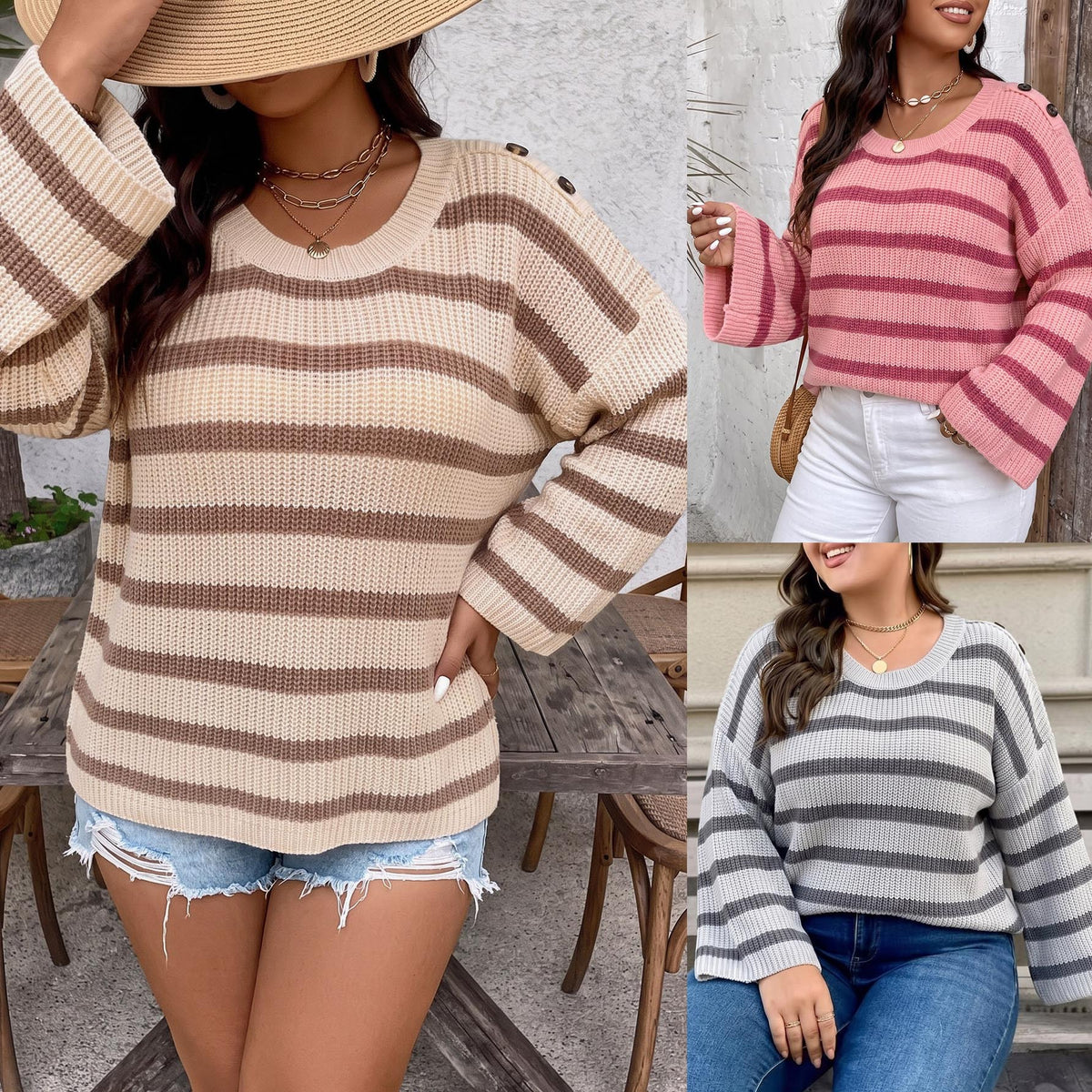 Ladies' Striped Top, Plus Size Women's Clothing, Button Decoration,Sweater