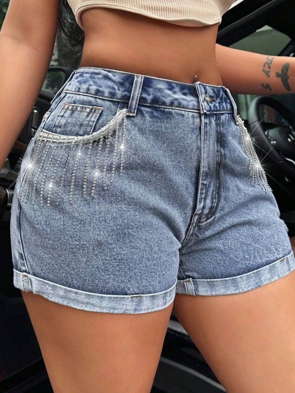 Rhinestone Fringe Denim Shorts