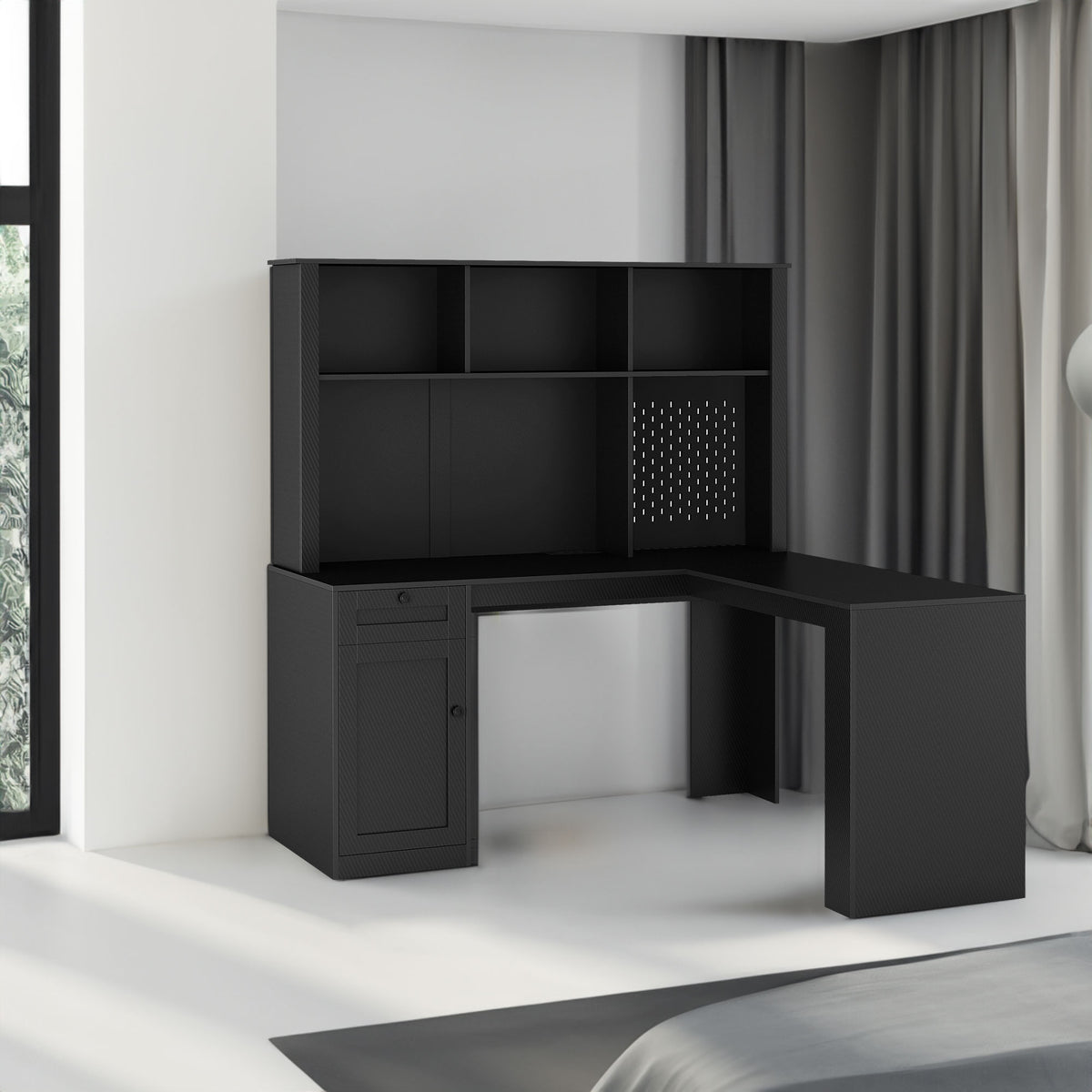 L-Shaped Desk with Drawers, Bookshelf & Charging Station