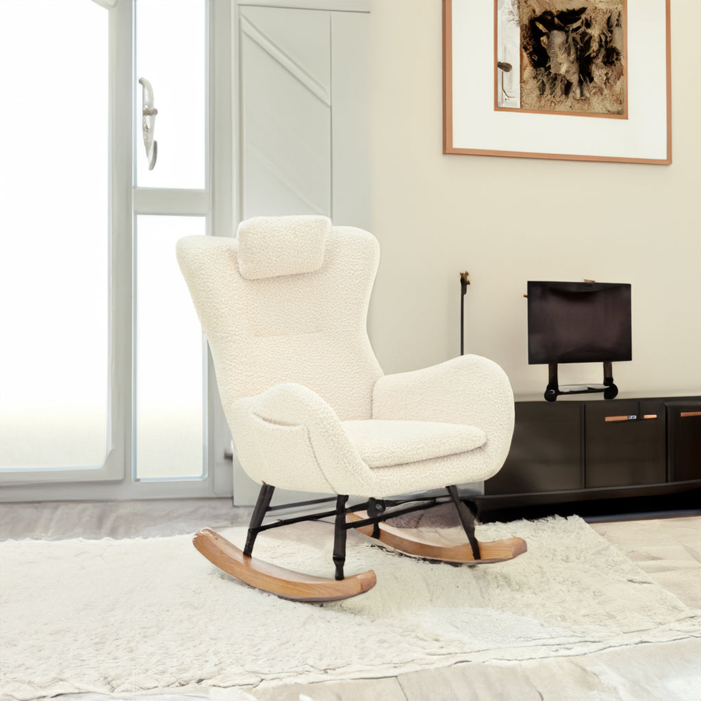 Beige Upholstered Rocking Chair with Adjustable Headrest & Side Pocket