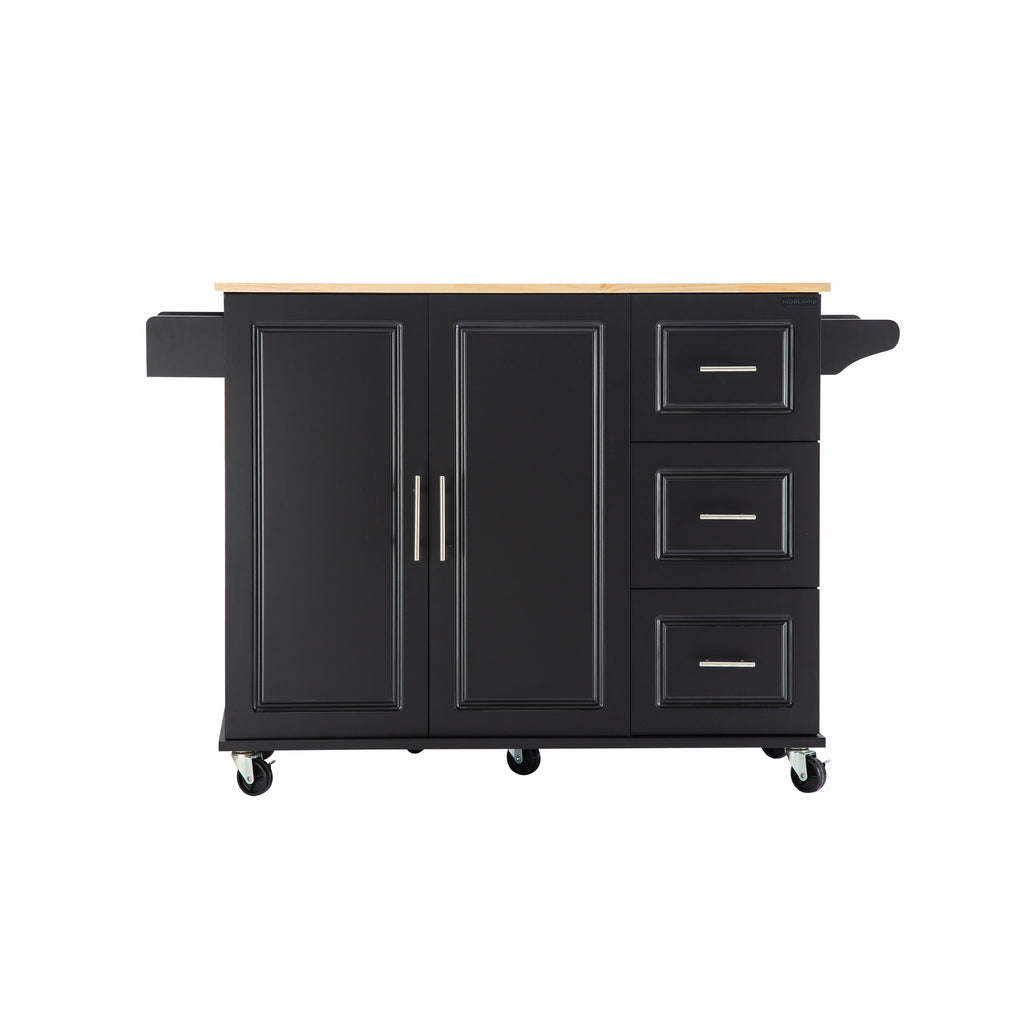 Black Rolling Kitchen Island with Extendable Rubber-Wood Top
