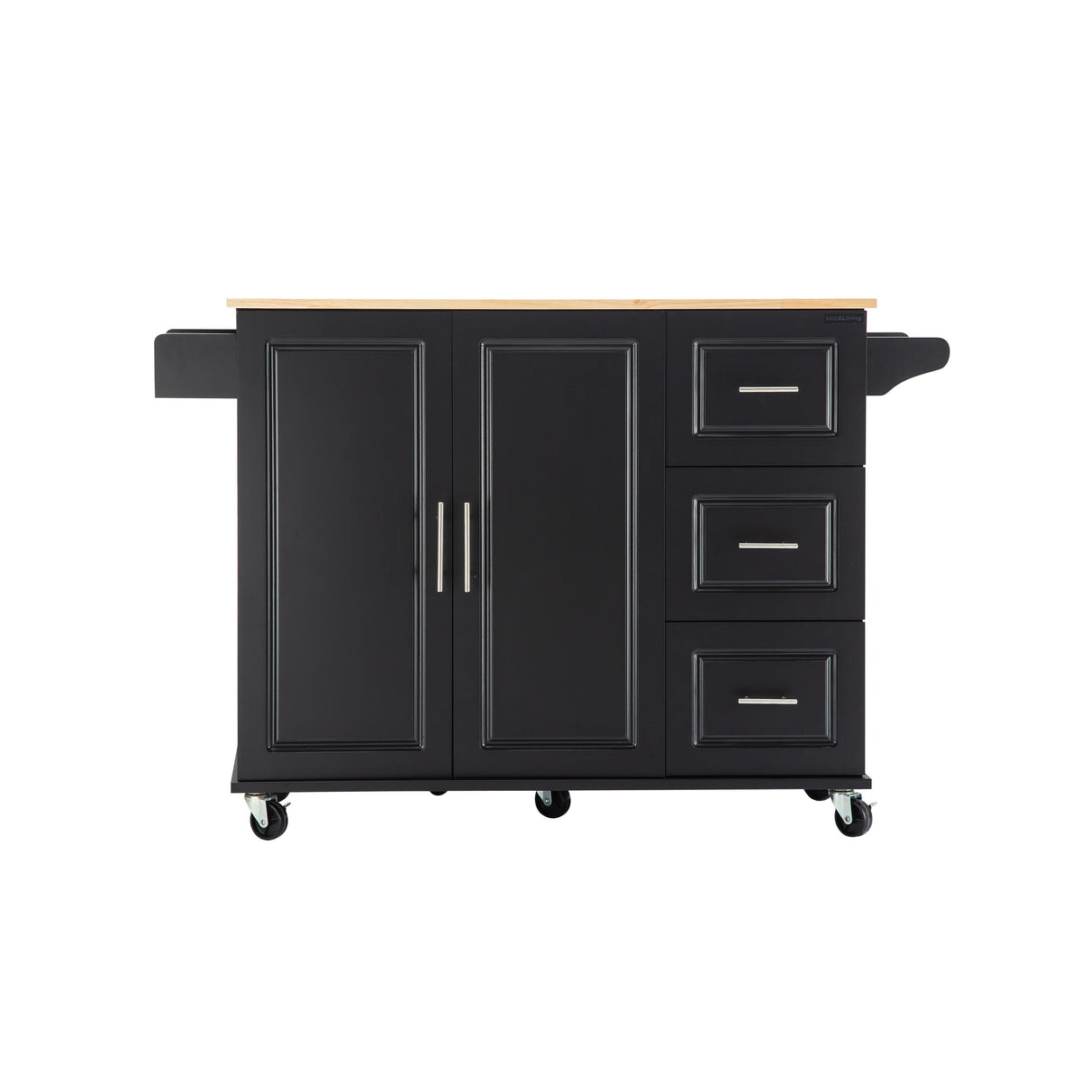 Black Rolling Kitchen Island with Extendable Rubber-Wood Top