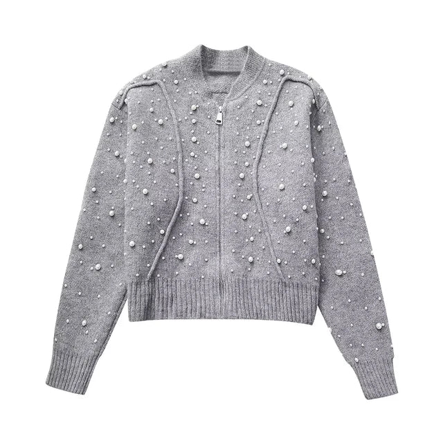 Women Cropped Jacket Fashion Artificial Pearls Knitted Coat Woman Long Sleeve Autumn Bomber Jackets For Women Short Coats