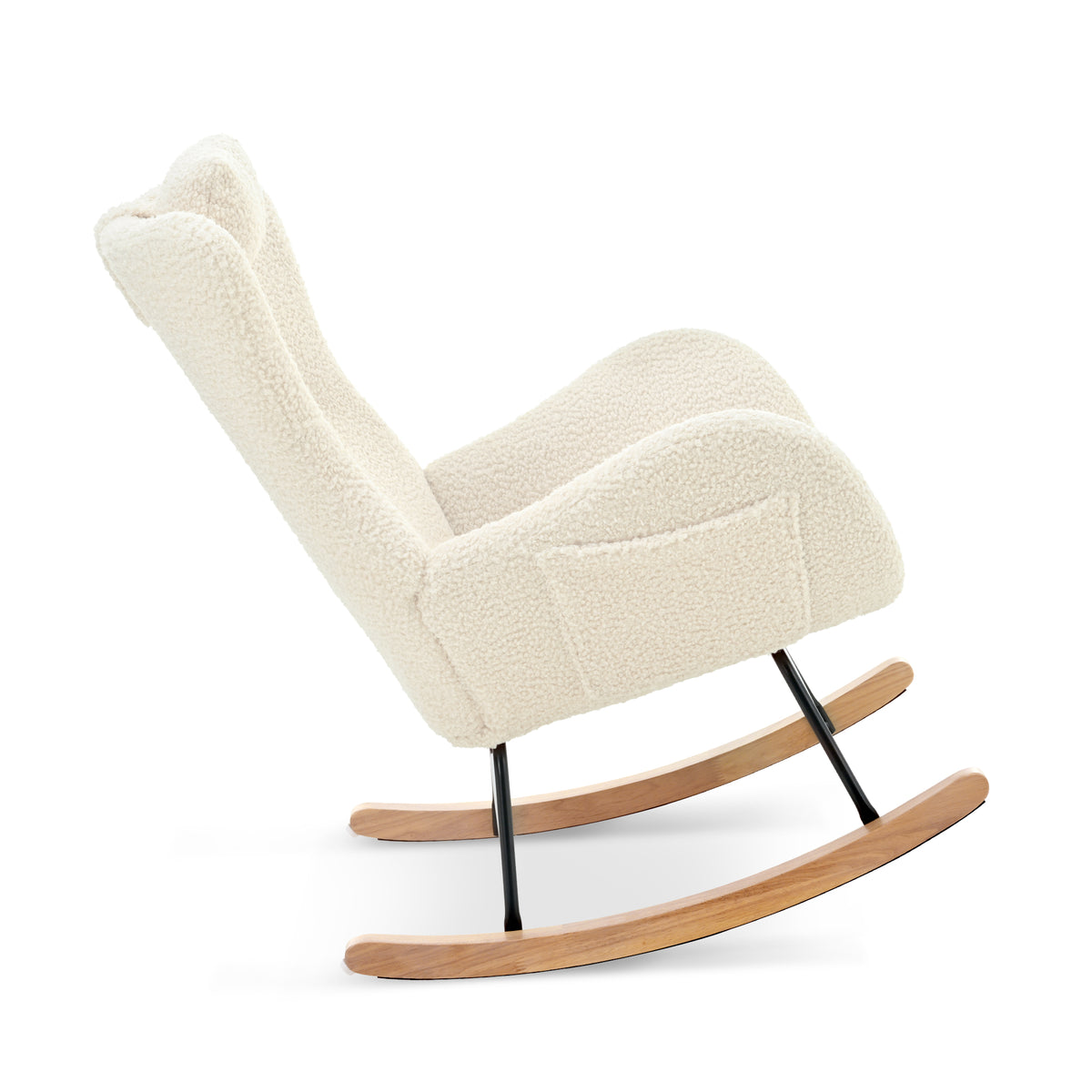 Beige Upholstered Rocking Chair with Adjustable Headrest & Side Pocket
