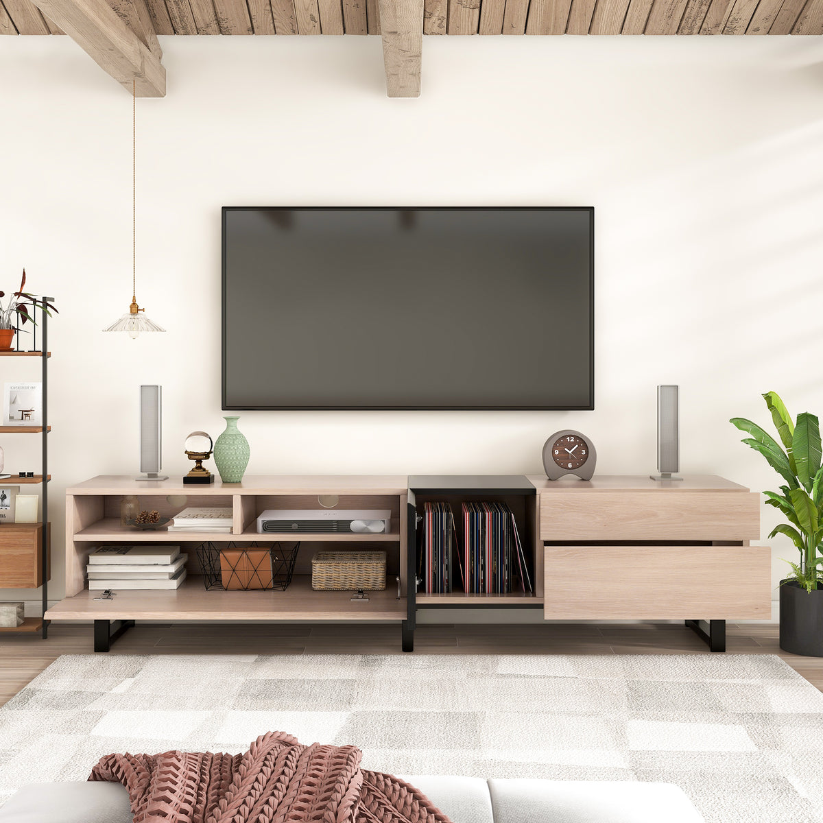 70.9-Inch Natural-Wood Modern TV Stand with Drawers & Drop-Down Storage