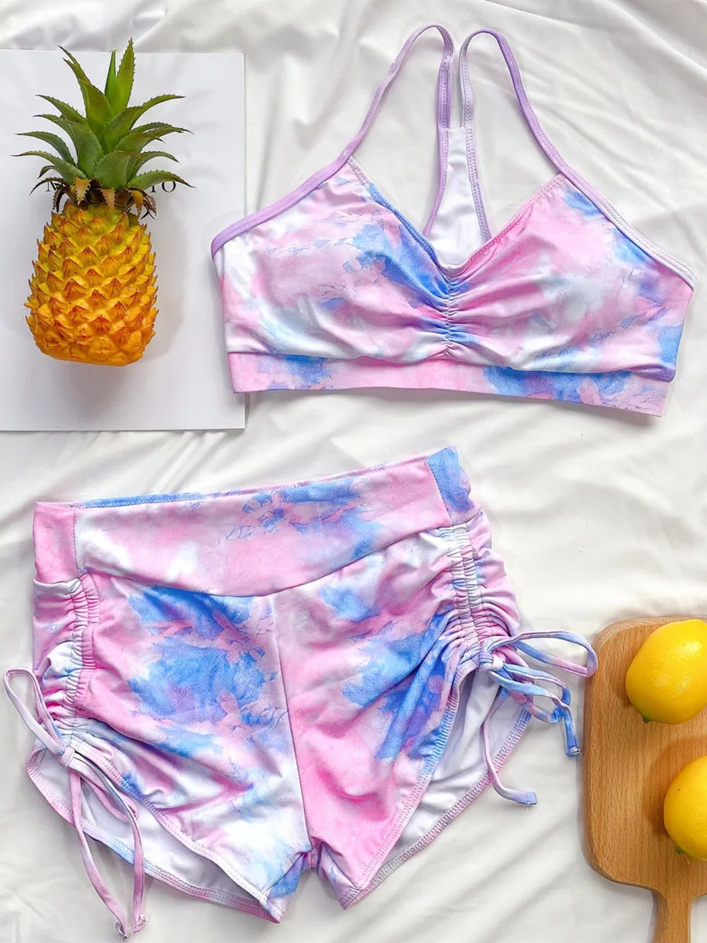 Tie-Dye Spaghetti Strap Top and Drawstring Shorts Swim Set