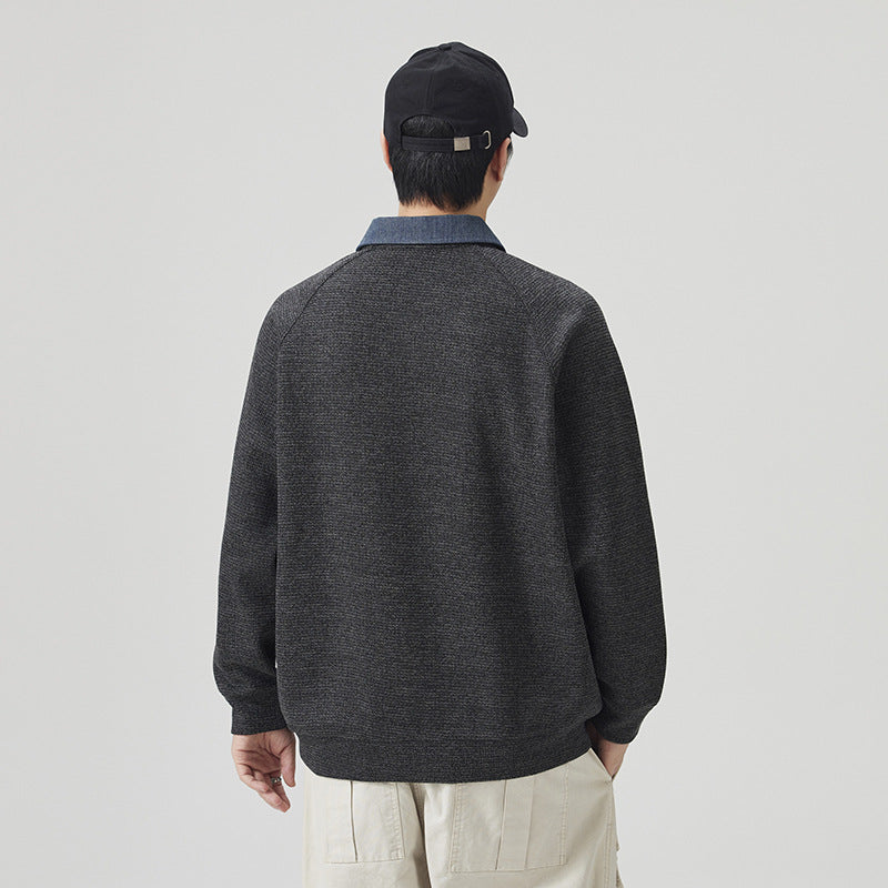 Men's Vintage  Spliced Denim Long Sleeve Polo Collar Loose Fit Casual Sweatshirt eprolo