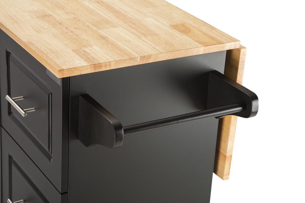 Black Rolling Kitchen Island with Extendable Rubber-Wood Top