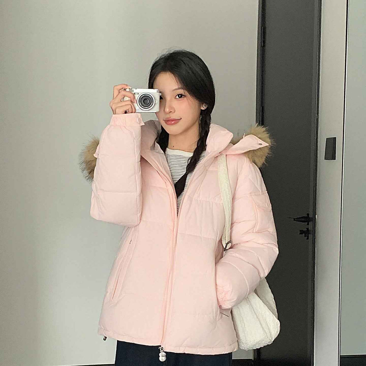 Women's Winter Cotton-Padded Jacket with Large Faux Fur Collar, Puffy Loose Fit Warm Outerwear