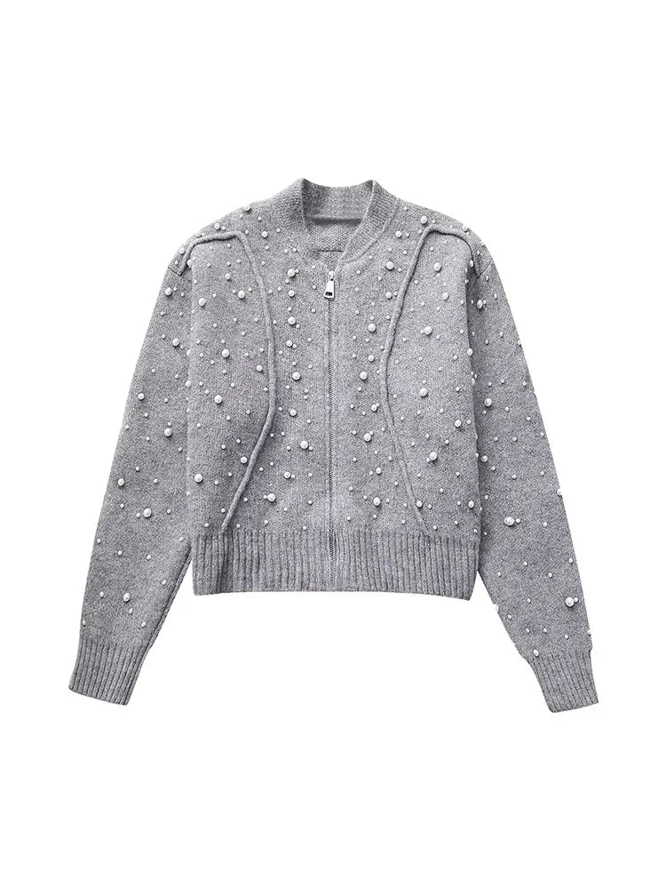 Women Cropped Jacket Fashion Artificial Pearls Knitted Coat Woman Long Sleeve Autumn Bomber Jackets For Women Short Coats