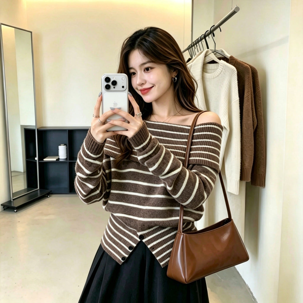 Single neck off shoulder striped sweater for women eprolo