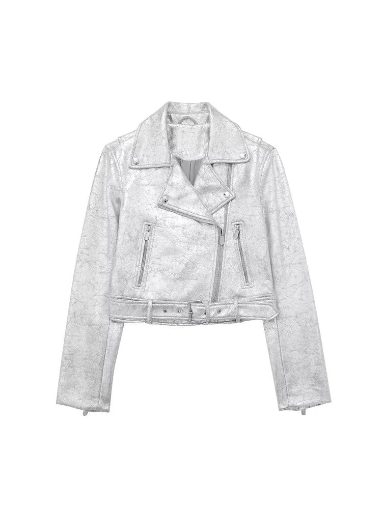 Faux Leather Jacket Women Silver Cropped Coat Woman Long Sleeve Bomber Jackets for Women Streetwear Autumn Jacket