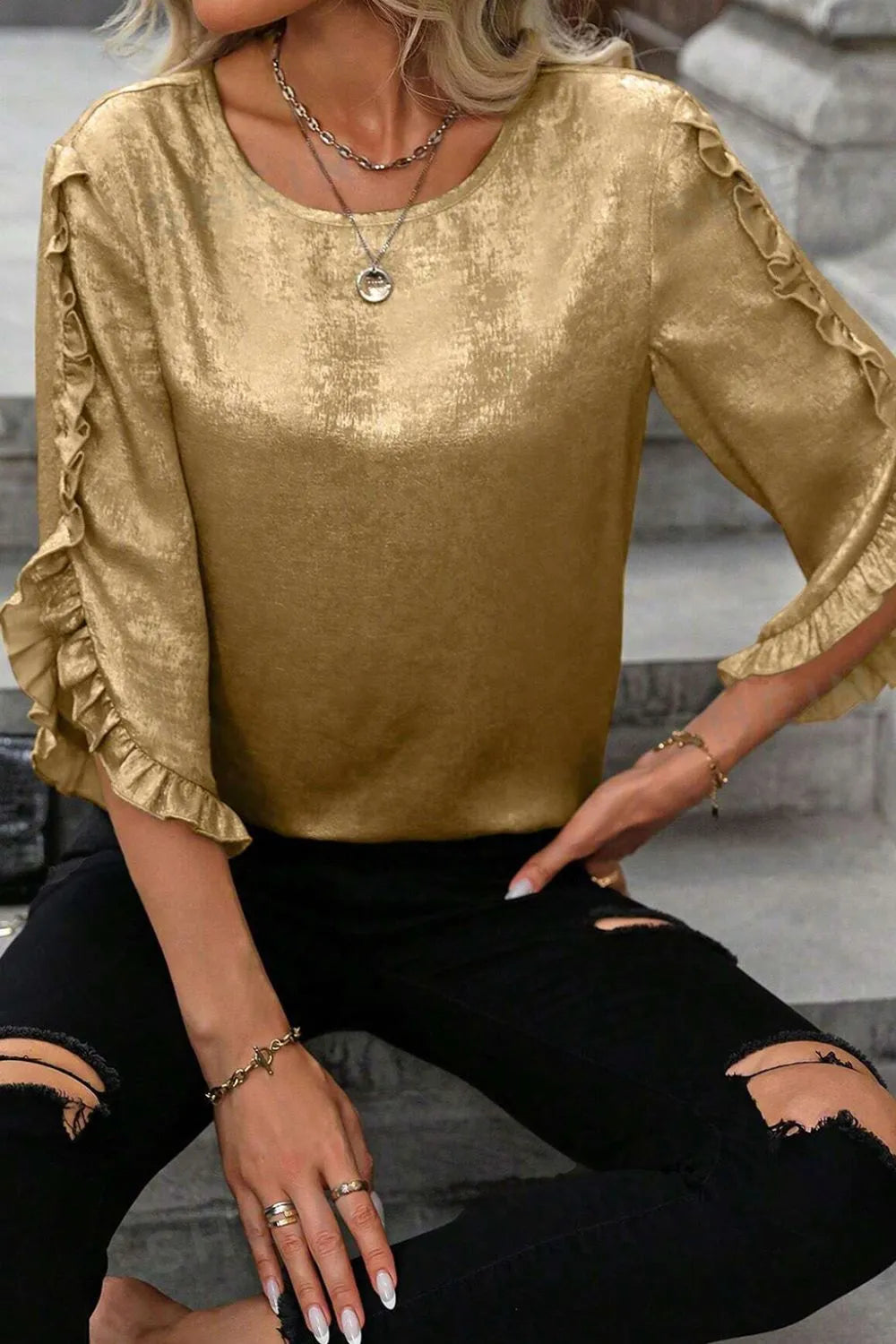 Asymmetrical Ruffle-Sleeve Blouse – Gold