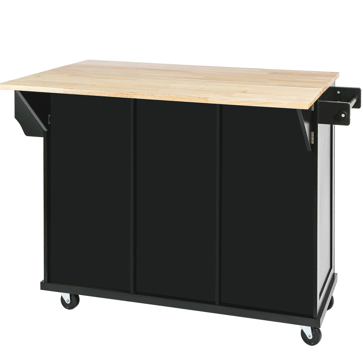 Black Rolling Kitchen Island with Drop-Leaf Top & Storage