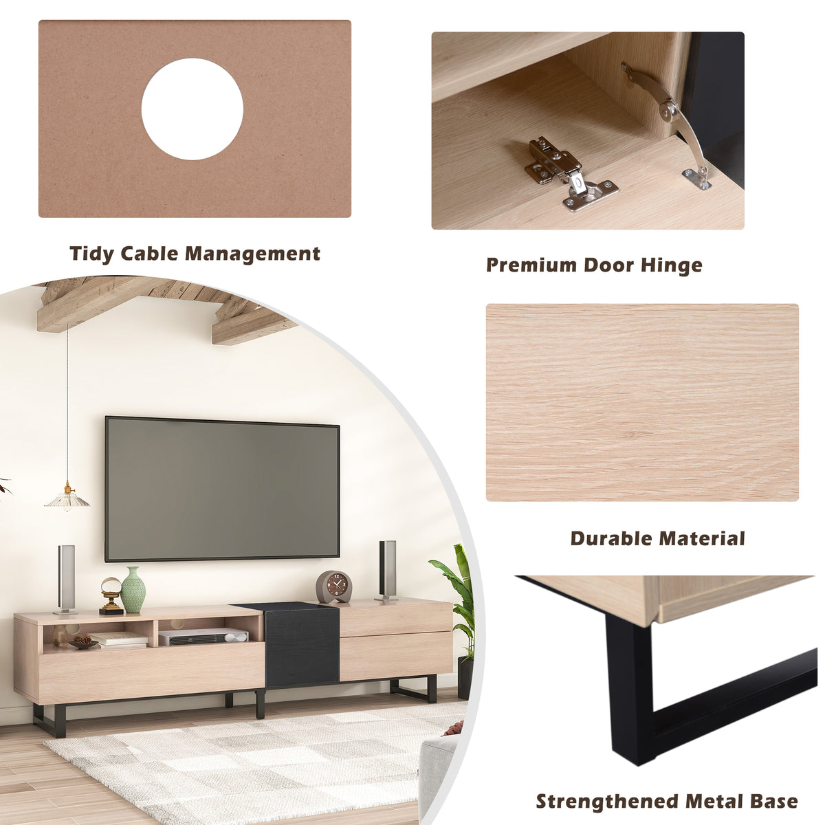 70.9-Inch Natural-Wood Modern TV Stand with Drawers & Drop-Down Storage