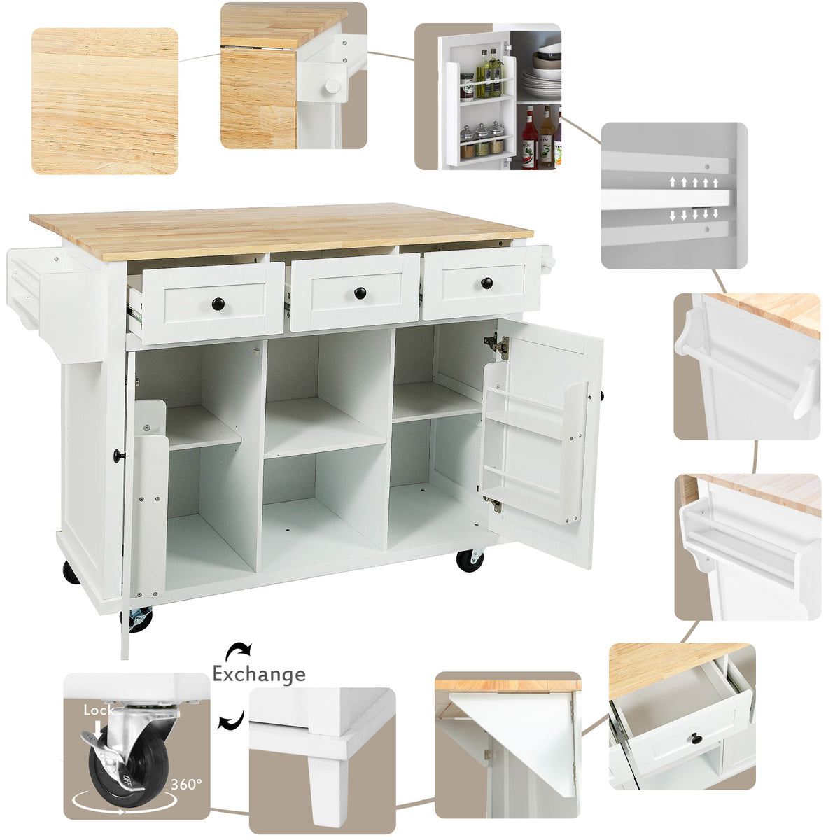 White Rolling Kitchen Island with Drop-Leaf Top & Storage