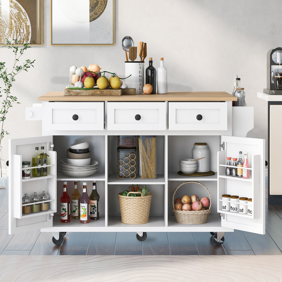 White Rolling Kitchen Island with Drop-Leaf Top & Storage