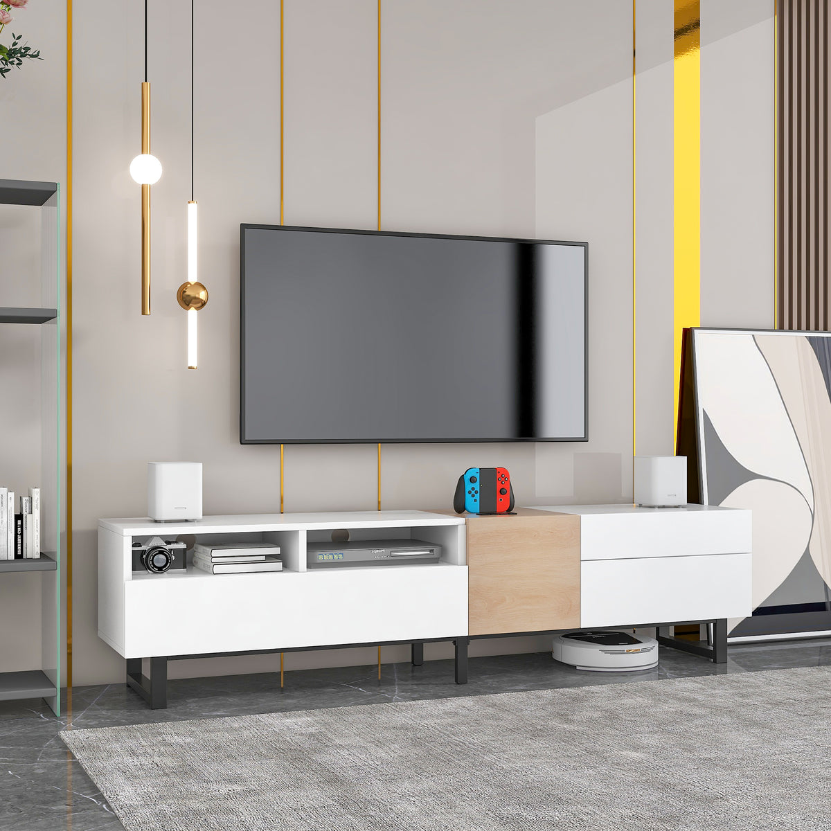 Modern TV Stand for 80'' TV with Double Storage Space Media Console Table Entertainment Center with Drop Down Door