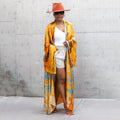 Gold Bohemian Printed Long Kimono Wrap Dress Bikini Cover-ups Summer Clothes Women Beach Wear Swim Suit Cover Up