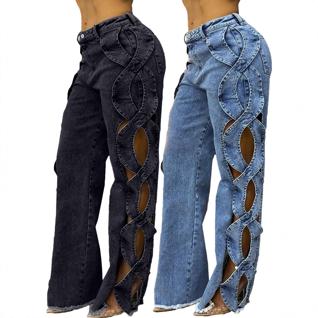 Spring Summer Women's Fashion Side Cut-out S-line Denim Patchwork Pants